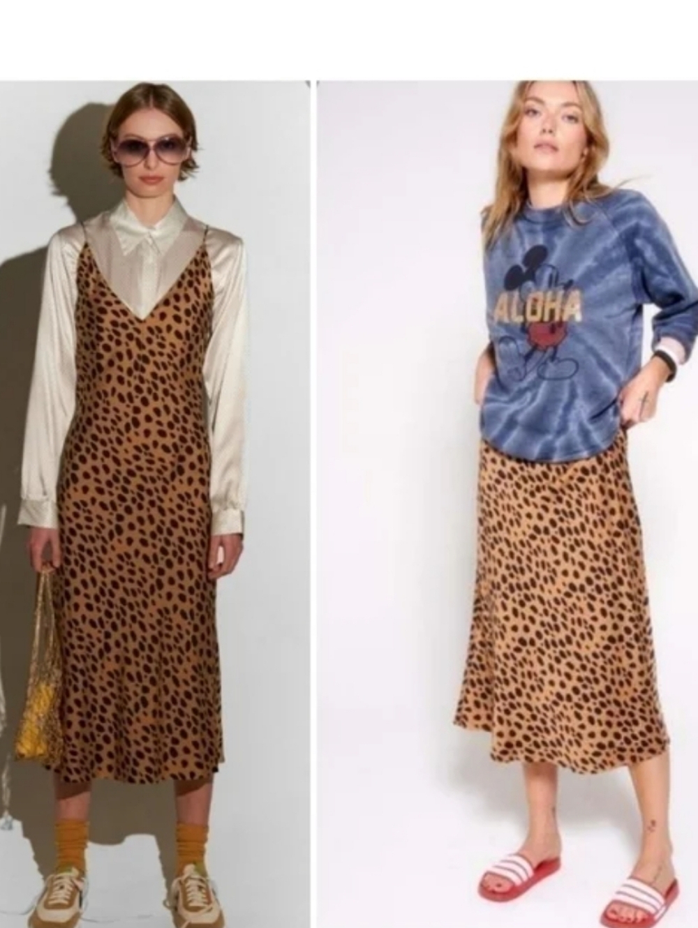 Aqc Silk Leopard Print Slip Vneck Midi Dress Tan & Black